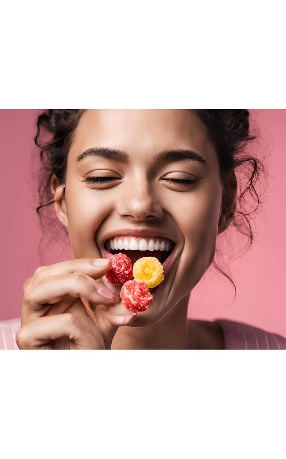 Lady eating candy with a smile, a smile like chamoyall gives our customers. Happines is what we bring. We bring happiness and satisfaction through candy and mexican boxes.